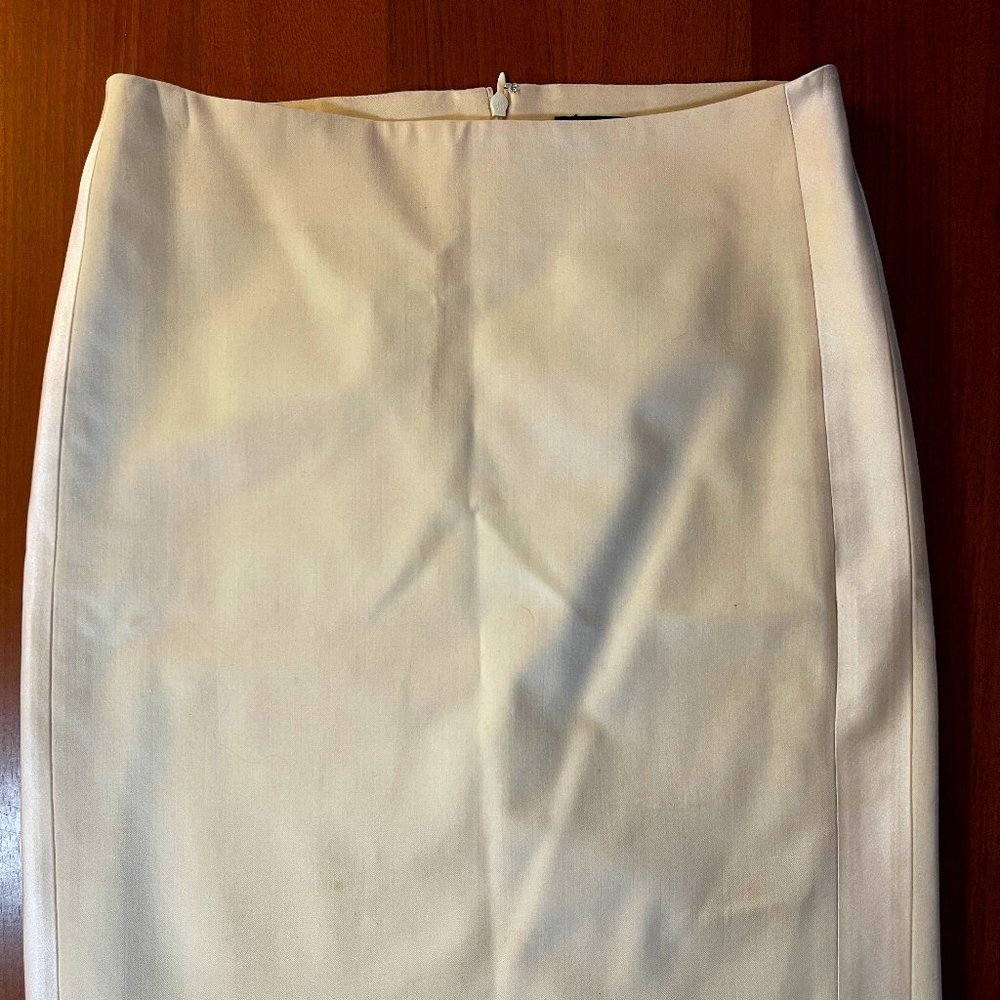 Theory, Wool Pencil Skirt with Silk Panel, Ivory, Size 2